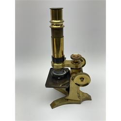 19th century lacquered brass monocular microscope by Moritz Pillischer No.1795 in fitted mahogany box with carrying handle and two additional lenses 