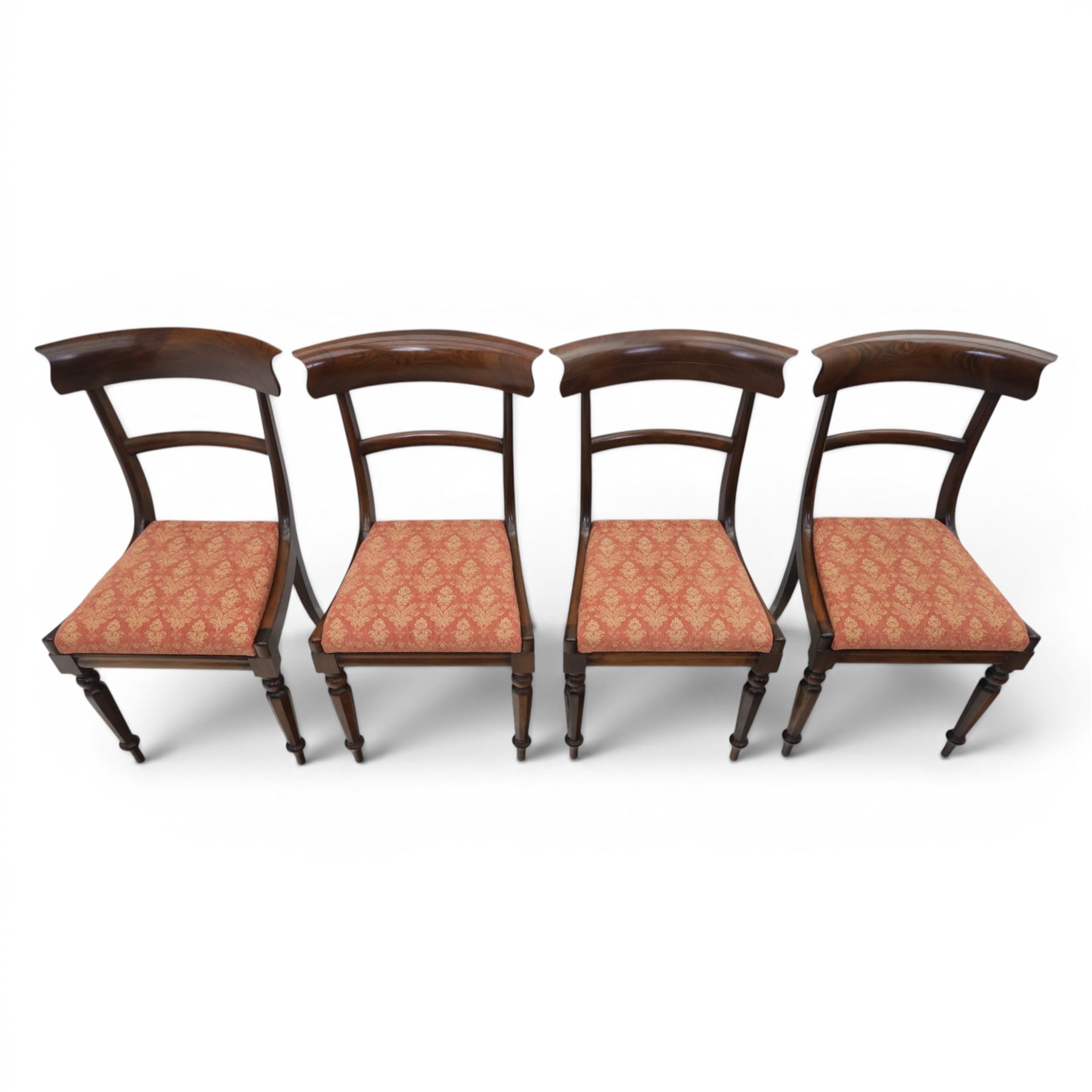 Set of eight 20th century solid rosewood dining chairs, upholstered drop in seats, on oak stretchers, made by Gott's of Pickering and T Feetam of Hull, stamped on all chairs, seat height 47cm