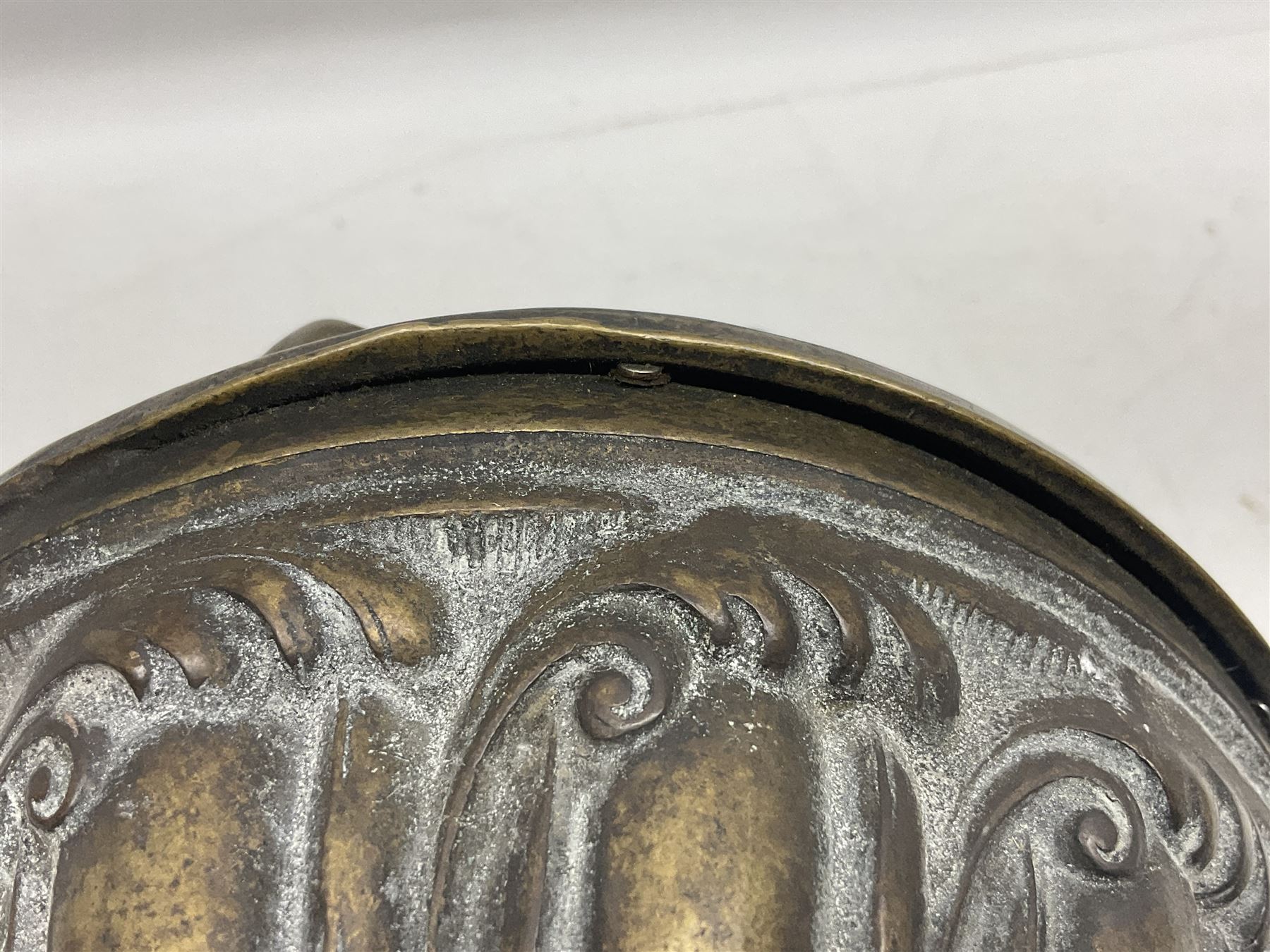 Heavy Victorian counter weight for oil lamp chandelier pulley, cast with foliate decoration, L26cm, approx 12kg