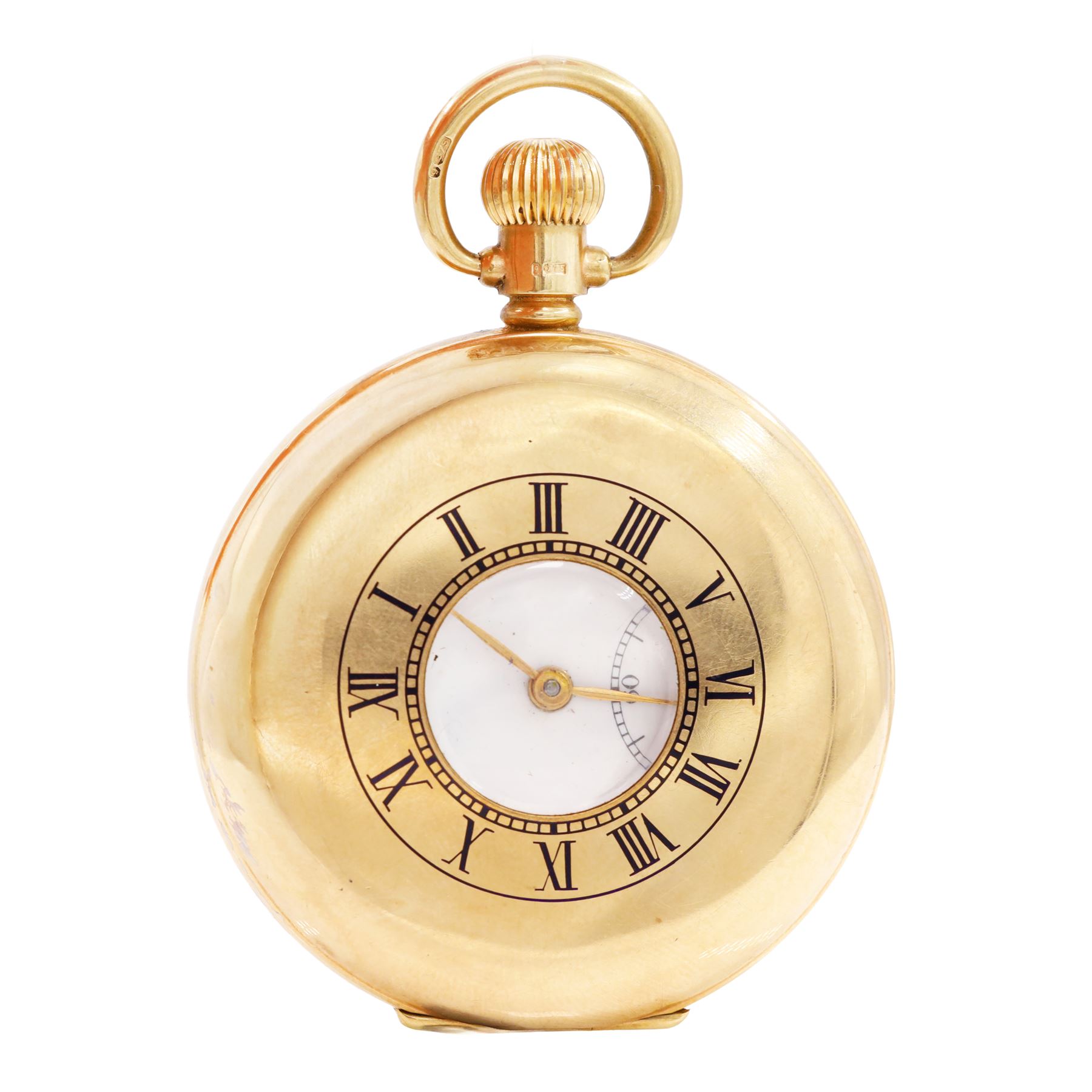 Early 20th century 9ct gold half hunter keyless lever pocket watch by Kenwell, white enamel dial with Roman numeral hour markers and subsidiary seconds dial, case by Dennison, Birmingham 1937