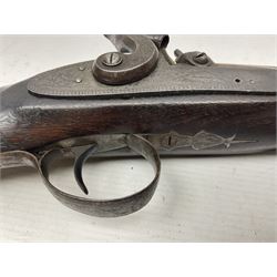 19th century take down 'cripple stopper' single barrel percussion gun, removable walnut stock with bayonet style fitting, chequered grip and fore-end, approximately 8-bore, the 59.5cm (23