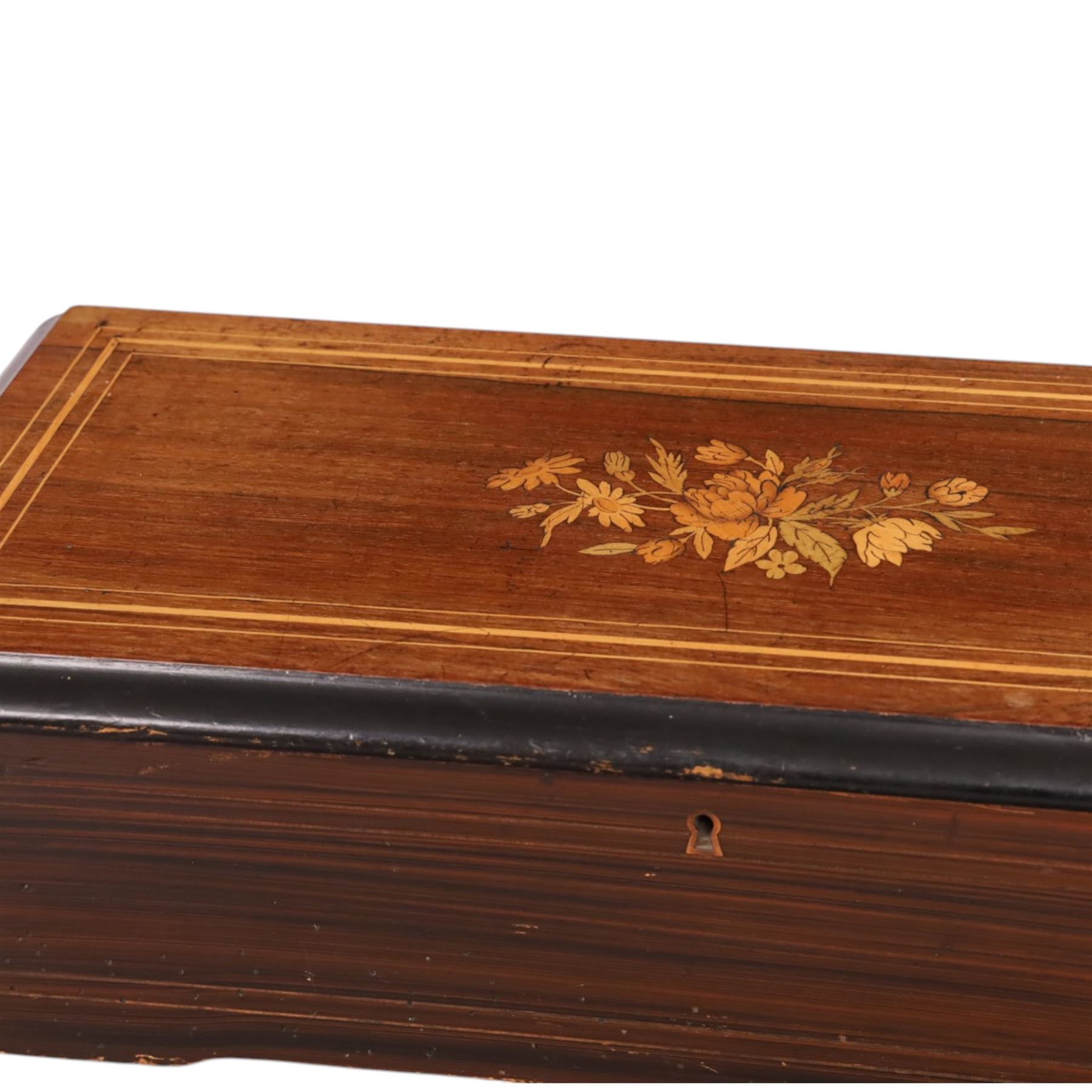 Swiss-Late 19th-century inlaid rosewood musical box playing eight airs, 78 tooth steel comb and brass cylinder, crank operated going barrel with a jewelled governor, with original tune sheet, W51cm 