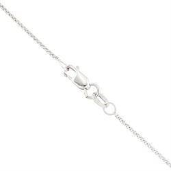 Early 20th century platinum and 18ct yellow gold ruby and diamond circular pendant, single old cut diamond of approx 0.25 carat, within a milgrain pierced fancy foliate surround, set with single cut diamonds, to a navette shaped border set with alternate calibre cut rubies and rose cut diamonds, each spaced by a single old cut diamond, suspending a pearl and diamond drop, on a later 18ct white gold wheat link chain necklace, hallmarked