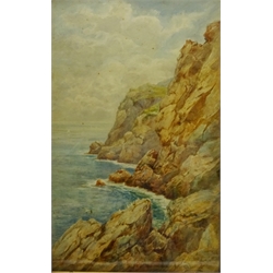  East Coast Village, watercolour signed and dated 1910 by Miles Sharp, Village Scene, photographic print after F M Sutcliffe, Coastal Cliffs, watercolour signed by G. Barker and Moorland watercolour unsigned max 45cm x 28cm (4)  