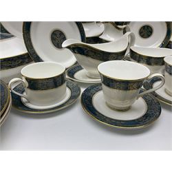 Royal Doulton Carlyle pattern tea and dinner service for six, to include teapot, coffee pot, teacups and saucers, coffee cups and saucers, milk jug, open sucrier, dinner plates, side plates, bowls, soup bowls, to covered dishes etc (64) 
