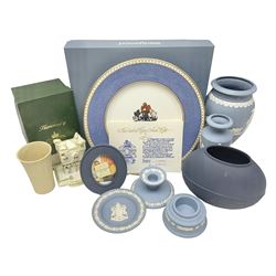 Collection of Wedgwood Jasperware, including vases and candlesticks, together with other Wedgwood and Coalport Tyrlean Castle
