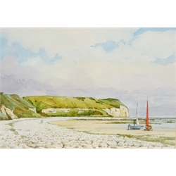  Aerial View Flamborough Head, oil on board signed by Don Micklethwaite (British 1936-) 45cm x 60cm and South Landing Flamborough, watercolour by the same hand 17cm x 25cm (2)  