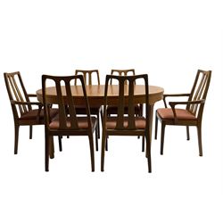 Nathan - mid-20th century teak oval extending dining table (W152cm D99cm H75cm); and Nathan - set six (4+2) mid-20th century teak high slat-back chairs, seats upholstered in light red fabric (W55cm H96cm)