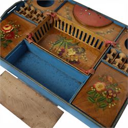 19th century satinwood sewing box, of rectangular form, the hinged cover with foliate decoration opening to reveal a removable compartmented tray with pin cushion, bobbins and removable central basket, painted with violas, upon compressed bun feet, H13cm L39cm D29cm