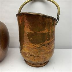 20th century brass carriage lantern, with six glass panels and eagle finial, together with a copper coal scuttle and hammered copper vase, lantern H77cm