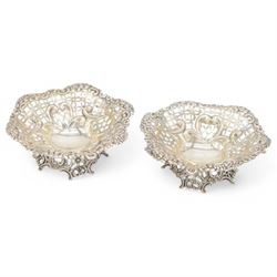 Pair of late Victorian silver bon bon dishes, of hexagonal form with embossed and pierced ...