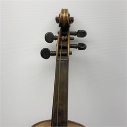 Late 19th/early 20th century violin with 36cm one-piece maple back and ribs and spruce top, bears label 'Copie De Franciscus Giobetti fecit Venitus Anno', 59cm overall, in Maidstone ebonised wooden 'coffin' case with bow