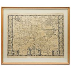 John Speed (British 1552-1629): 'Oxfordshire described with ye Citie and the Armes of the Colledges of ye famous University', 17th century first edition engraved map uncoloured with inset town plan of Oxford and margins decorated with eighteen heraldic shields pub. John Sudbury and George Humble c.1611, with margins, 41cm x 54cm