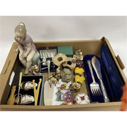 Large Nao figure modelled as a young girl seated upon a rock holding a rose, H30cm, Cased pair of Wedgwood silver-plate book stands, silver-plate baby feeding spoon and pusher in box, other silver-plated cutlery, Two Goebel Rosina Wachtmeister cat figures comprising Angelina and Julia, Caithness Mooncrystal paperweight, Harmony Kingdom Fishy Business figure in box, limited edition Field Poppy box etc