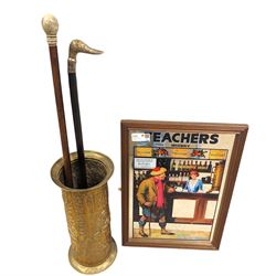 Teachers Whisky advertising mirror, together with a brass stick stand and two walking sticks, one with brass duck handle, mirror H60cm, W43cm