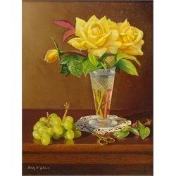  Still Life of Flowers in a Vase and Grapes, oil on board signed by Erik W Gleave (British 1916- 1995) 40cm x 30cm  