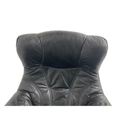 Anderssons of Sweden - mid-20th century design swivel armchair, upholstered black leather, raised on beech U-frame supports with circular base, together with matching footstool 