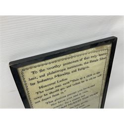 19th century text sampler, worked in black thread by Mary Ann Baron, of Bridlington, June the 8th 1821, 'To the Worthy promoters of that truly benevolent, and Philanthropic institutions, the Female School for Industry, Morality, and Religion. Honoured Ladies The wise man Saith 'Train up a child in the way he should do and when he is old he will not depart from it;. This glorious precept you have read Nor have you read in vain, But wisely for a maxim laid TIS WOMAN MAKES THE MAN! Like as to him she body gives, She forms his infant mind, And he a mind like hers receives, To good or ill inclined. If this for principal is laid, And I do rightly Scan. Tis wise indeed to form the maid, That she may form the man. I am with great deference your humble servant R. Pickering 1814.', in ebonised wooden frame under glass, overall H36.5cm W22.5cm