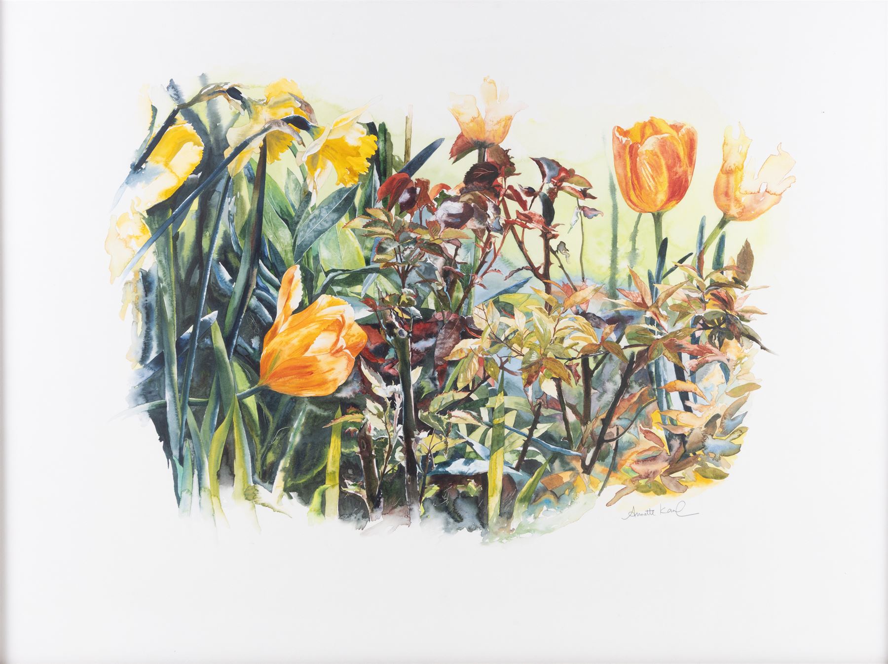 Annette Kane (British 1955-): 'Two Spoons' and Still Life of Tulips, two watercolours signed, one titled verso, 33cm x 48cm and 55cm x 74cm (2)