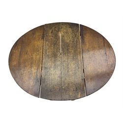19th century oak gateleg table, the oval drop-leaf top formed of four planks, on turned column supports united by rectangular stretchers