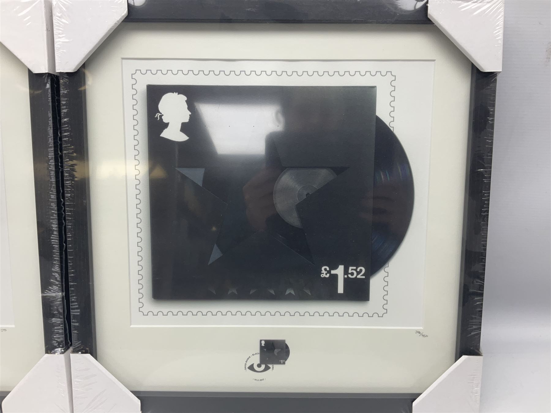 Set of four Royal Mail David Bowie limited edition album stamp prints, comprising Blackstar, Heroes, Let's Dance and Aladdin Sane, all framed and in original packaging, H43cm W43cm