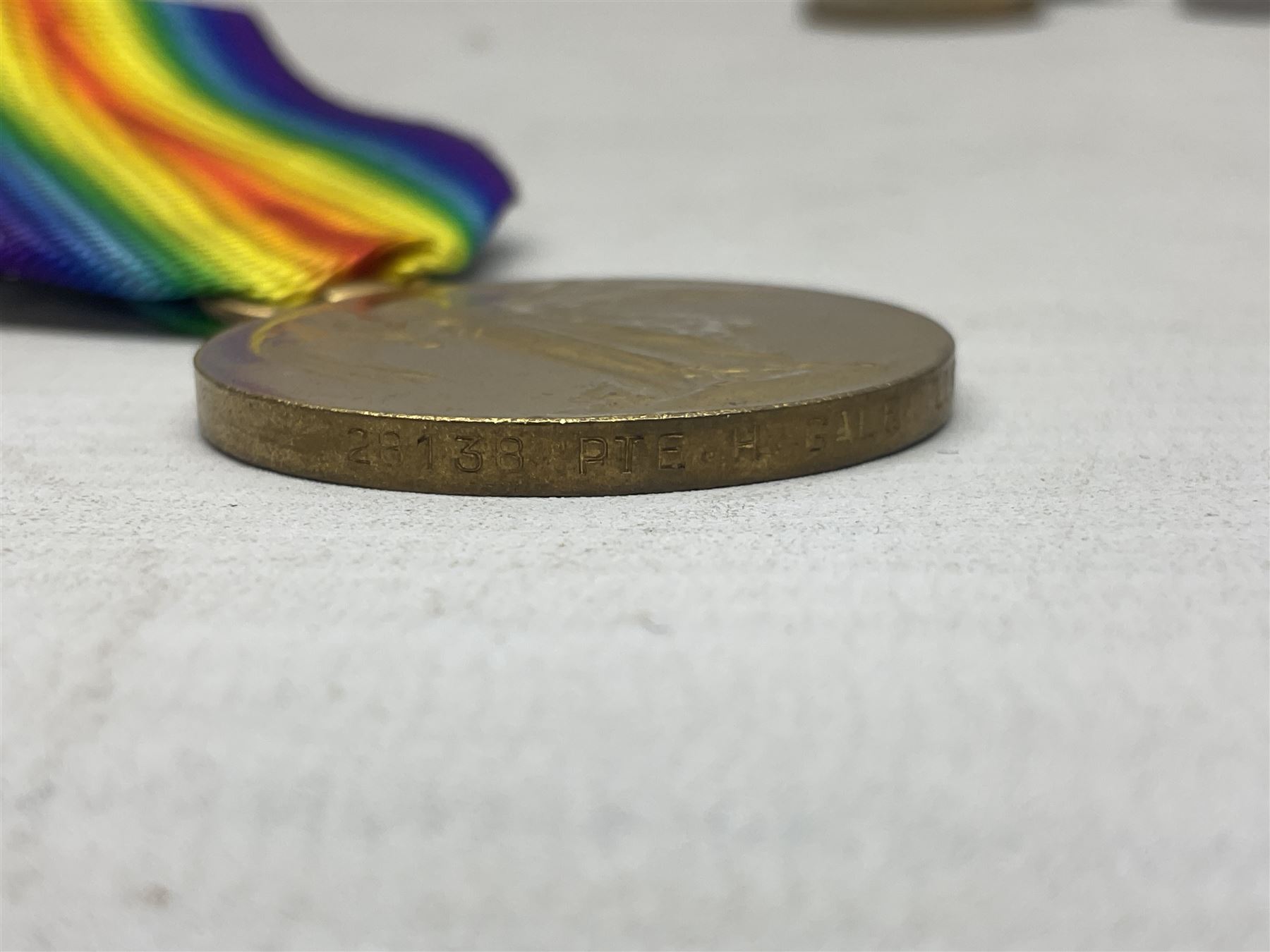 Five WW1 Lincolnshire Regiment medals comprising British War Medal awarded to 37660 Pte. T. Pickering; British War Medal to 42664 Pte. A. Lancaster; Victory Medal to 203847 Pte. P. Stevenson; Victory Medal to 28138 Pte. H. Gale; and Victory Medal to 46875 Pte. J. Owen; all with ribbons; some biographical details (5)