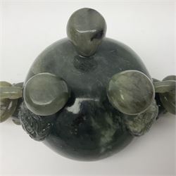 Two piece Chinese censer, sculptured hardstone, with ring and dragon-head handles and foo dog finial , H21cm