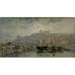 George Weatherill (British 1810-1890): Fishing Boats in the Upper Harbour Whitby with the Abbey in the distance, watercolour signed 13cm x 24cm 