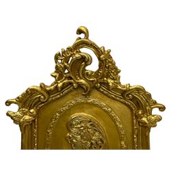 Pair of Italian Baroque design gilt wall hanging mirrors, interlaced foliate C-scroll pediment with extending foliage, the upper section decorated with female mask within a floral ribbon border, moulded frame with scrolled foliage brackets, bevelled mirror plate 