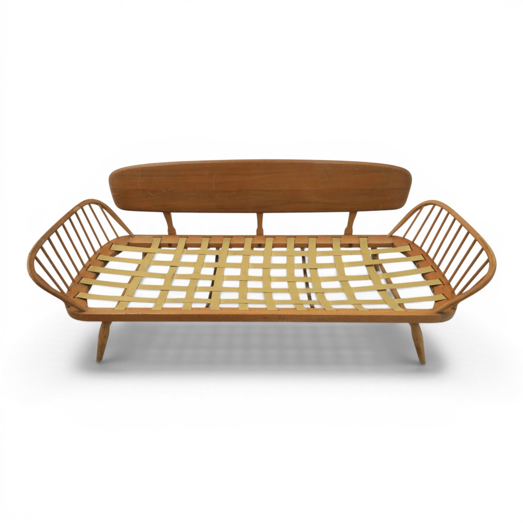 Lucian Ercolani for Ercol - 'Studio Couch' model no. 355, elm and beech framed, with loose geometric cushions