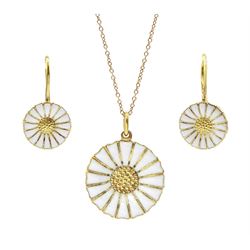 Silver-gilt white enamel daisy pendant necklace and matching pair of pendant earrings by Georg Jensen