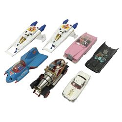 Corgi - seven unboxed and playworn TV/Film related die-cast models including Chitty Chitty Bang Bang with all four figures, Batmobile with both figures, Lady Penelope's FAB 1 with both figures, Superman Supermobile, two Buck Rogers Starfighters and The Saint's Volvo P.1800 (7)