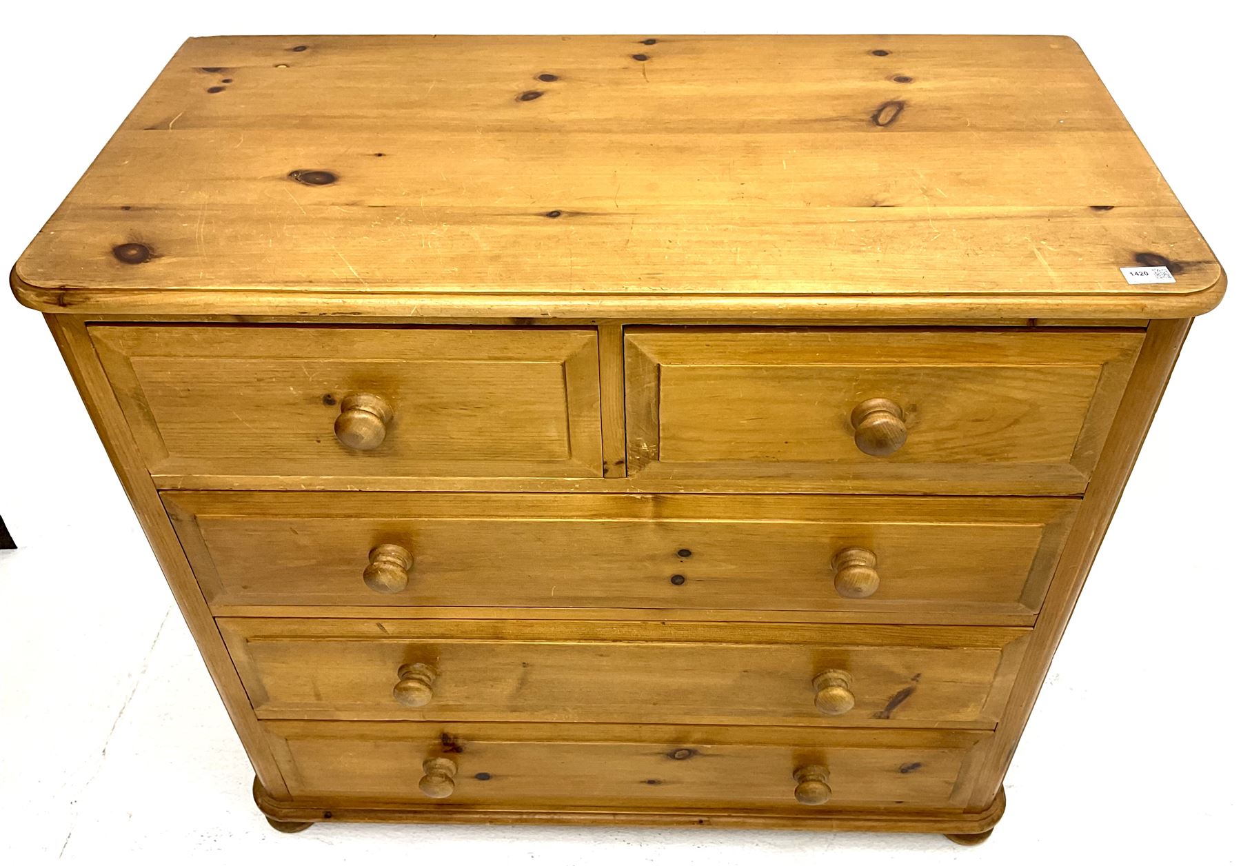 Solid pine chest, two short and three long drawers, bun feet The Furnishings Sale Furniture