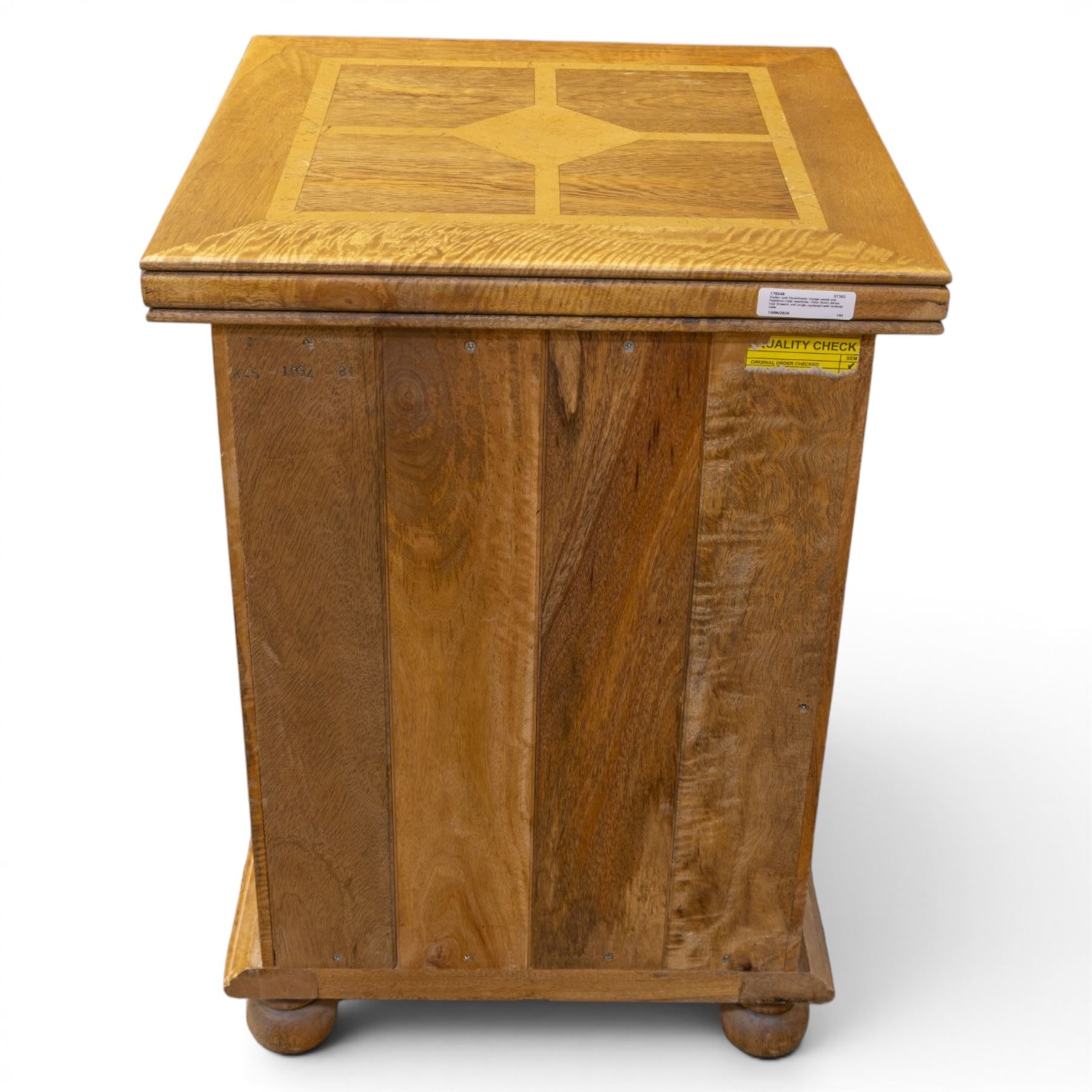 Barker & Stonehouse - contemporary flagstone and mango wood triple wardrobe and bedside cabinet, triple wardrobe with double doors revealing a full length wooden hanging rail, flanked by a cupboard with shelved interior, raised on a base with cupboard and drawers, turned bun feet
