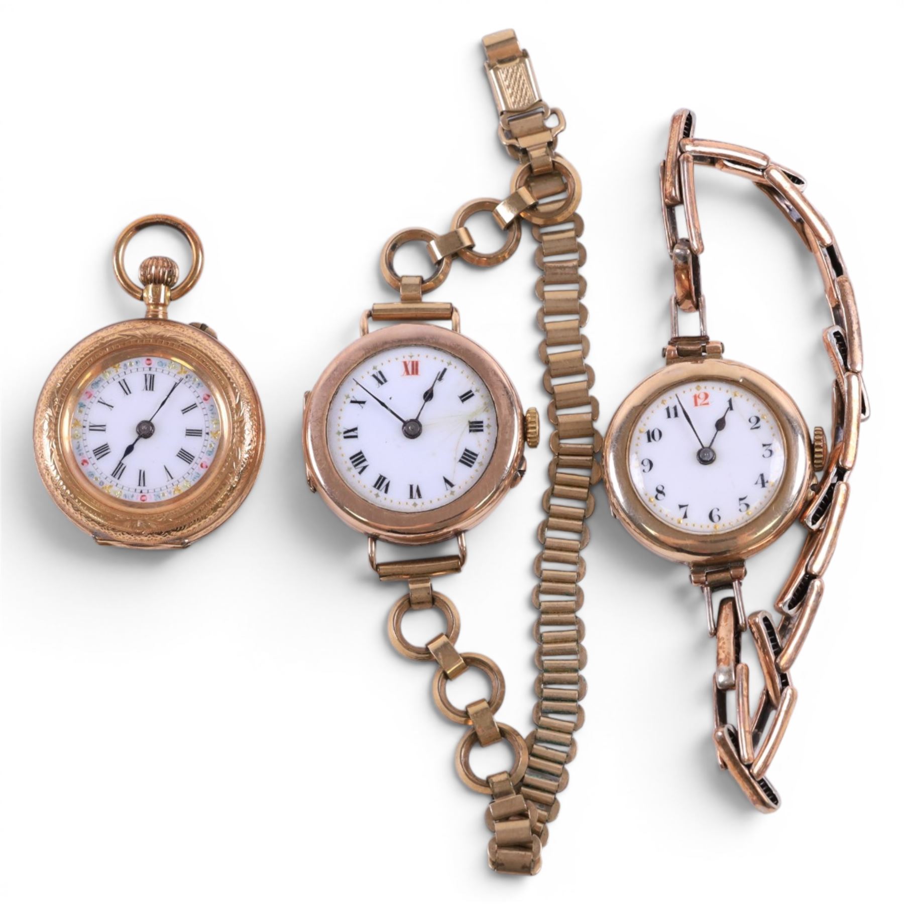 Early 20th century 14ct gold ladies keyless fob watch, stamped K14 with Swiss hallmarks and two early 20th century 9ct gold manual wind wristwatches, one on gilt strap, the other on silver-gilt expanding strap