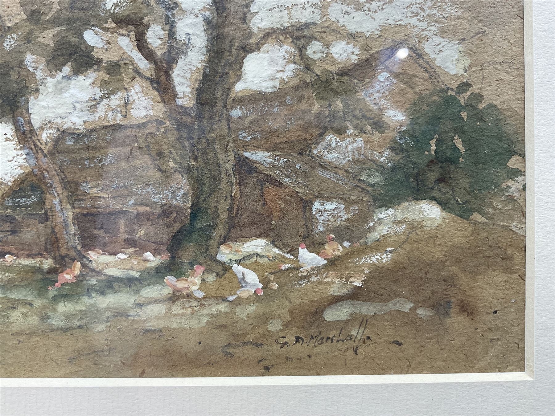 G D Marshall (British 19th/20th Century): Chickens Feeding by a Farmhouse, watercolour heightened with white signed 15cm x 21cm 