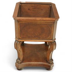 Edwardian style walnut jardiniere stand, of square form, with burr walnut veneered side panels on scroll carved supports on a shaped plinth base 