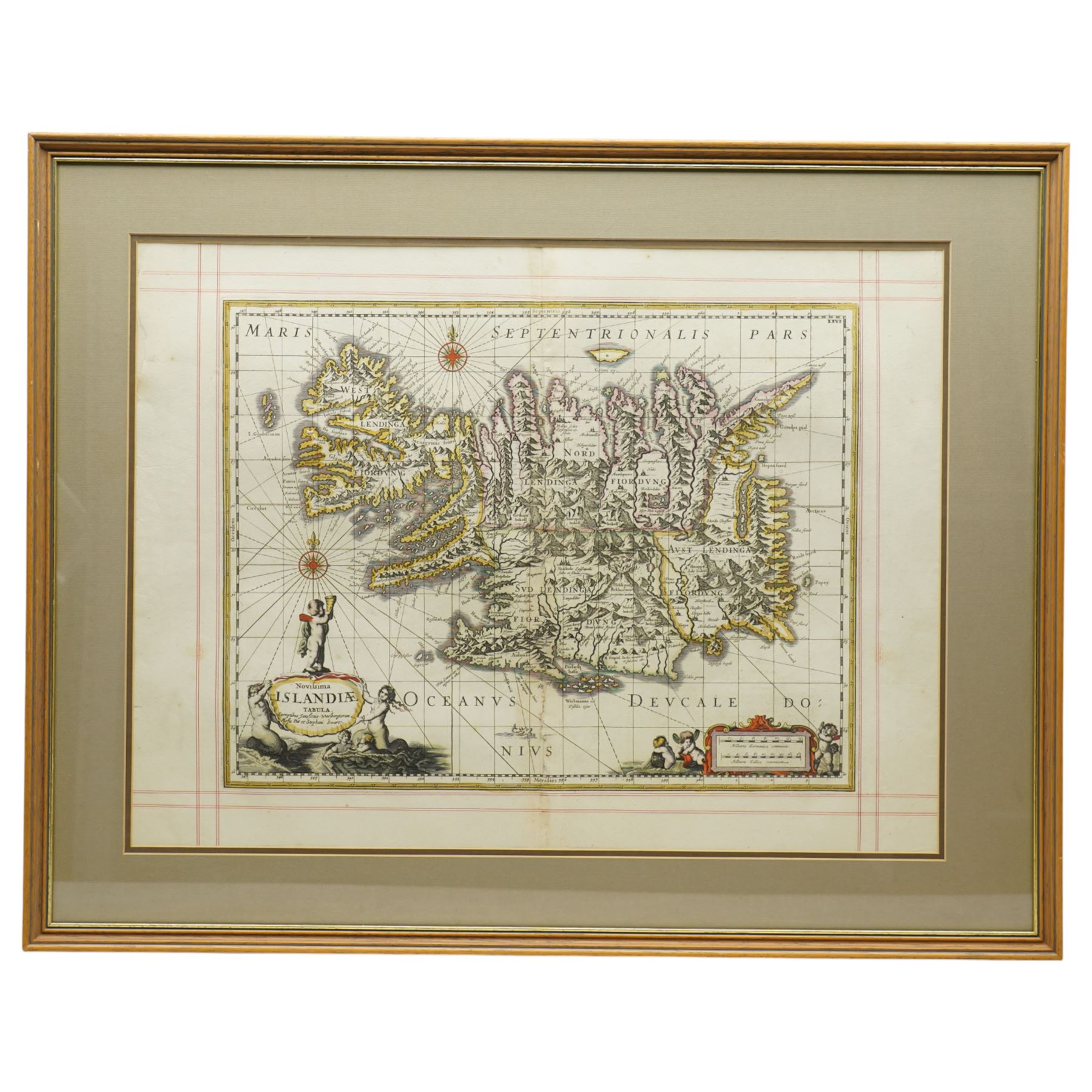 Moses Pitt (British 1641-1697): 'Islandiae', first edition 17th century engraved map with hand-colouring of Iceland, pub. 1656, with red crosshatching to the margin 46cm x 62cm
