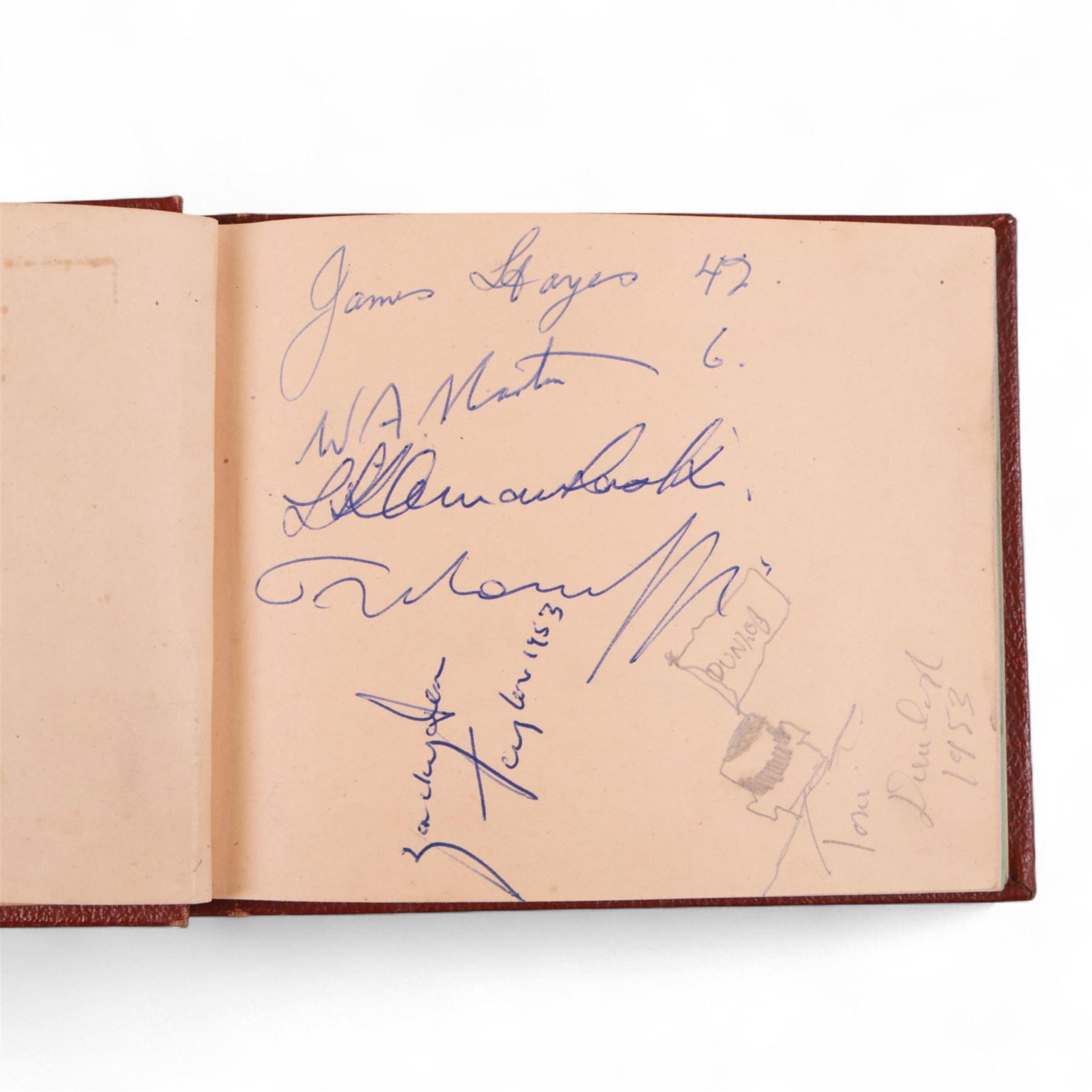 1950s autograph book, containing mostly motorcycle racing signatures, including four-time World Sidecar Champion Eric Oliver, 1952 Sidecar World Champion Cyril Smith and1955 Junior TT Champion Jack Bailey, in red leather case with gilt lettering 