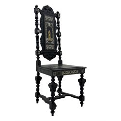 19th century Italian ebonised side chair, the backrest inlaid with bone and decorated with a painted figure in Renaissance dress within an arched reserve, flanked by turned supports and scrolled cresting, the seat and frieze similarly inlaid, raised on turned legs with shaped stretchers