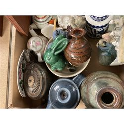 Various ceramics, to include Imari vase, Studio pottery teapot and two vases, Denby green rabbit, etc., together with silver plated teapot, and cased set of silver plated coffee spoons, etc., in one box