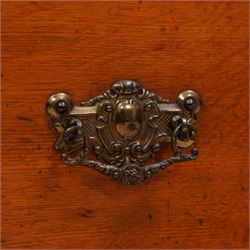 George III oak and mahogany banded house keeper's press cupboard, projecting cornice over figured mahogany frieze with Tunbridge ware pattern bands, two panelled doors enclosing shelves, fitted with two short over three long drawers, flanked by reeded columns throughout, on turned feet