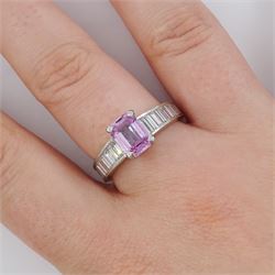 Platinum pink sapphire and diamond ring, single octagonal cut sapphire of approx 1.50 carat, each shoulder set with eleven, channel set baguette cut diamonds, London 2007, total diamond weight approx 1.05 carat