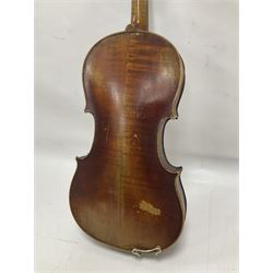 Full size violin and bow in a wooden constructed fitted case, back length 35cm, full length 60cm