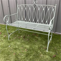 Metal two seat garden bench, slatted seat with wirework back, washed green finish - THIS LOT IS TO BE COLLECTED BY APPOINTMENT FROM DUGGLEBY STORAGE, GREAT HILL, EASTFIELD, SCARBOROUGH, YO11 3TX