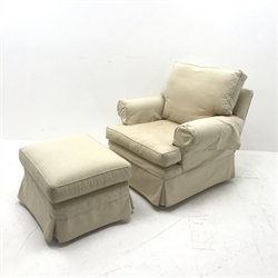 Multi-York armchair, upholstered in a beige ground patterned fabric (W90cm) and matching footstool