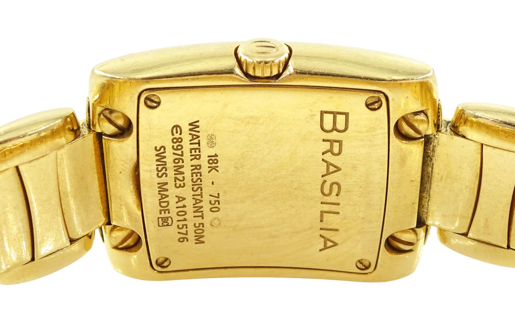 Ebel Brasilia ladies 18ct gold quartz wristwatch, Cal. 967, mother of pearl dial with diamond dot hour markers, on integral 18ct gold bracelet, with fold-over clasp, stamped 750 with Bernard dog hallmark