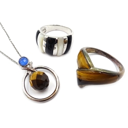  Silver tigers eye ring, similar pendant necklace and black onyx and mother pearl ring, all stamped 925  