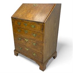 George III figured walnut bureau, fall-front enclosing central cupboard, six pigeonholes and six drawers, fitted with four graduated cockbeaded drawers, on bracket feet
