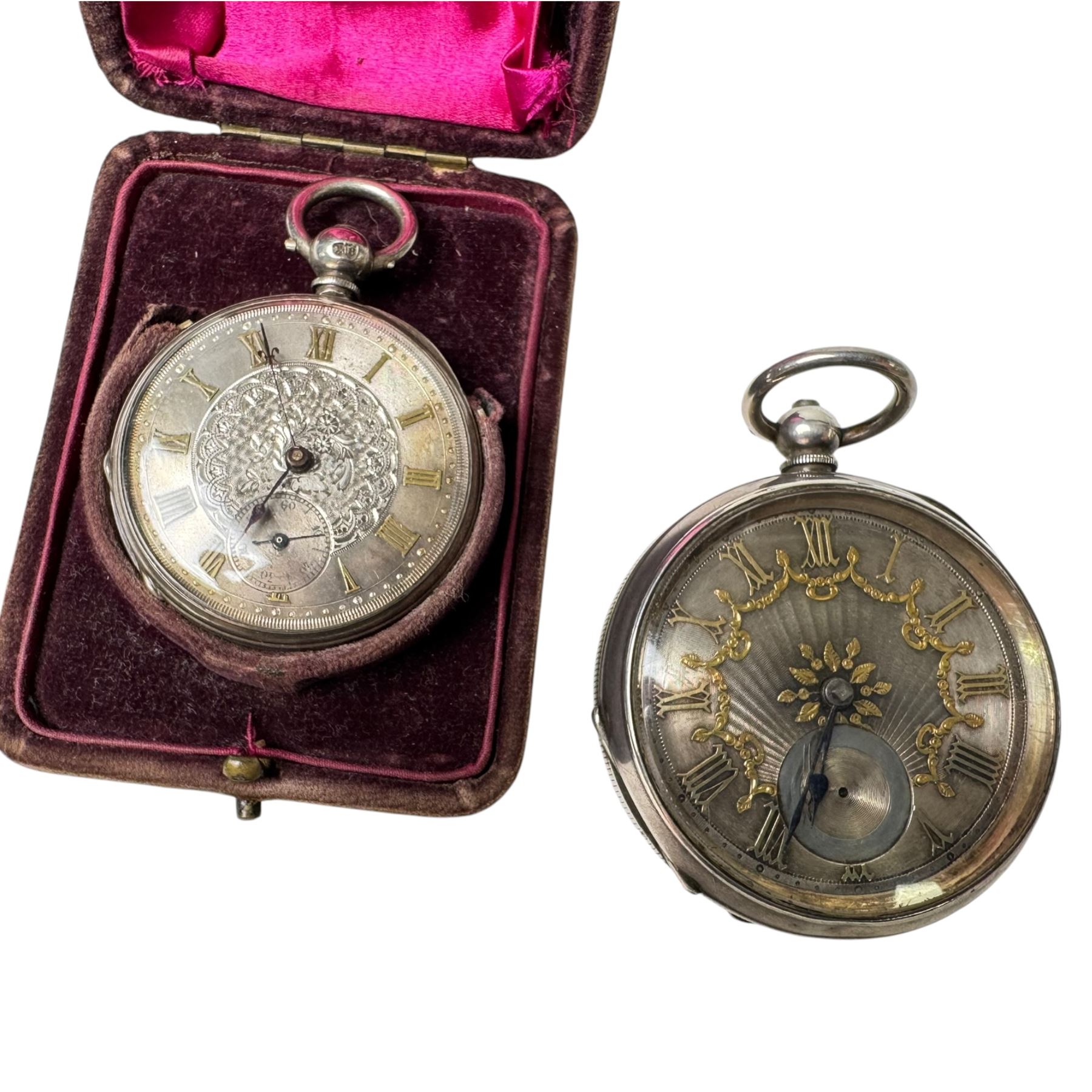 Silver fusee lever pocket watch by Wolfe, Sunderland, the case with London import mark 1926, one other silver lever pocket watch and a silver cylinder pocket watch